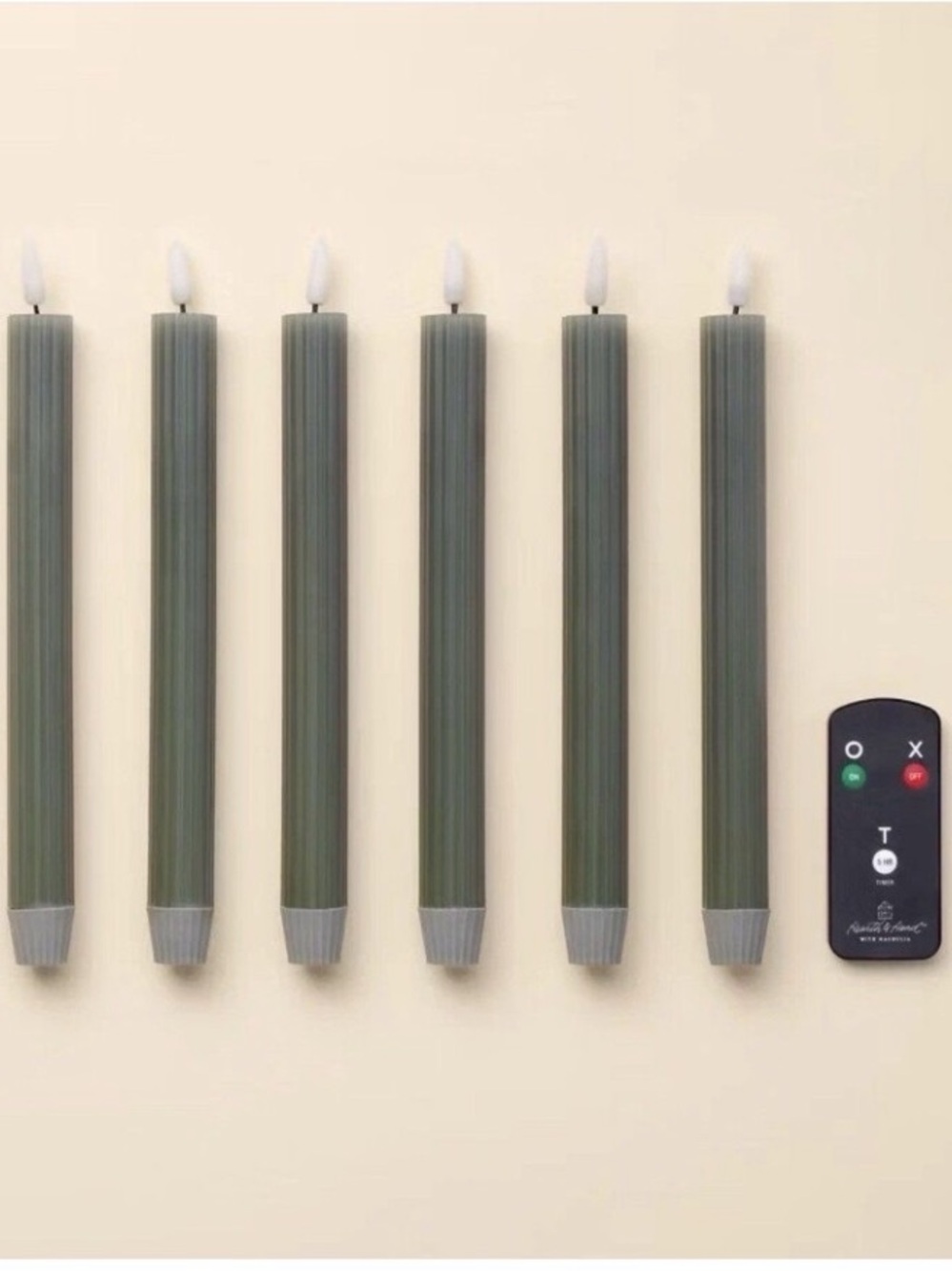 HEARTH & HAND NWT 6pc Ribbed
Flameless LED Taper Candles -Green